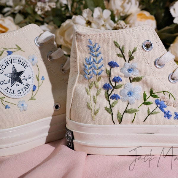 Converse Embroidered Shoes, Converse High Top Shoes,1970s Converse Chuck Taylor, Converse Customized blue flower embroidery wedding shoes