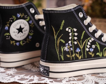 Converse Embroidered Shoes, Converse High Top Shoes,1970s Converse Chuck Taylor, Converse Customized lily of the valley flower embroidery