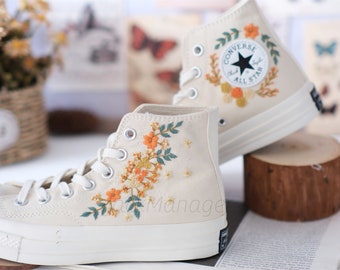 Converse Embroidered Shoes, Converse High Top Shoes,1970s Converse Chuck Taylor, Converse Customized Orange flower embroidery wedding shoes
