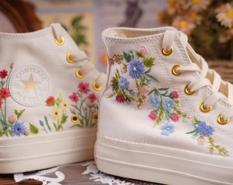 Converse Embroidered Shoes, Converse High Top Shoes,1970s Converse Chuck Taylor, Converse Customized Gold buckle platform shoes  flower