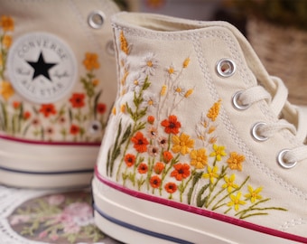 Converse Embroidered Shoes, Converse High Top Shoes,1970s Converse Chuck Taylor, Converse Customized flower embroidery