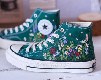 Converse Embroidered Shoes, Converse High Top Shoes,1970s Converse Chuck Taylor, Converse Customized grape embroidery wedding shoes
