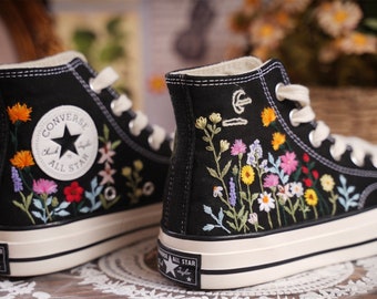 Converse Embroidered Shoes, Converse High Top Shoes,1970s Converse Chuck Taylor, Converse Customized Flower bush, moon embroidery