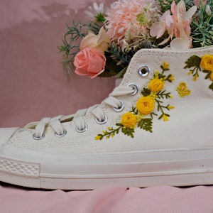 Converse Embroidered Shoes, Converse High Top Shoes,1970s Converse Chuck Taylor, Converse Customized Small Flower/ yellow rose embroidery image 6