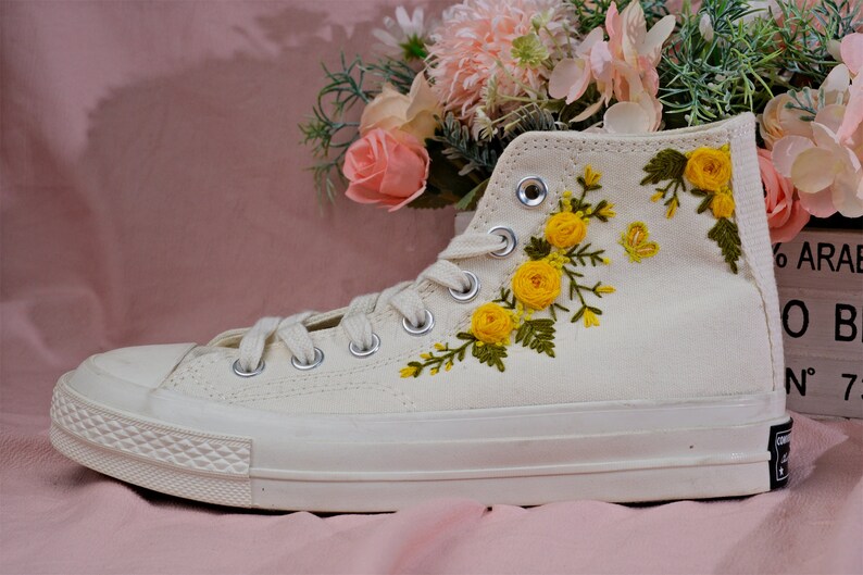 Converse Embroidered Shoes, Converse High Top Shoes,1970s Converse Chuck Taylor, Converse Customized Small Flower/ yellow rose embroidery image 6