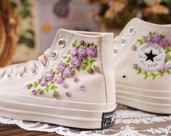 Converse Embroidered Converse High Top Shoes,1970s Converse Chuck Taylor, Converse Customized purple flower embroidery/wedding shoes