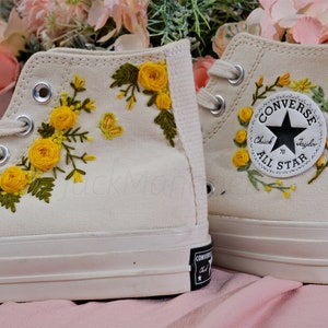 Converse Embroidered Shoes, Converse High Top Shoes,1970s Converse Chuck Taylor, Converse Customized Small Flower/ yellow rose embroidery image 1