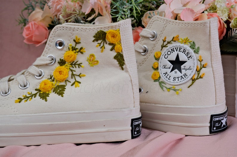 Converse Embroidered Shoes, Converse High Top Shoes,1970s Converse Chuck Taylor, Converse Customized Small Flower/ yellow rose embroidery image 1