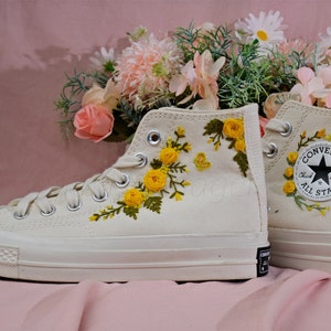 Converse Embroidered Shoes, Converse High Top Shoes,1970s Converse Chuck Taylor, Converse Customized Small Flower/ yellow rose embroidery image 4