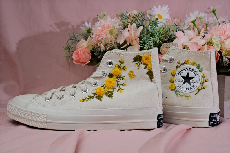 Converse Embroidered Shoes, Converse High Top Shoes,1970s Converse Chuck Taylor, Converse Customized Small Flower/ yellow rose embroidery image 4