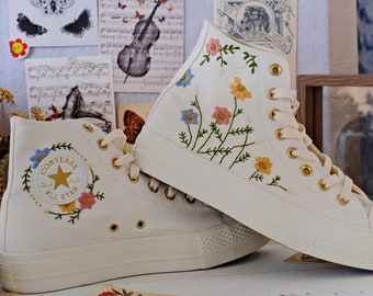 Converse Embroidered Shoes, Converse High Top Shoes,1970s Converse Chuck Taylor, Converse Customized Gold buckle platform shoes  flower