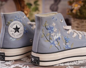 Converse Embroidered Converse High Top Shoes,1970s Converse Chuck Taylor, Converse Customized Blue Butterfly Hydrangea Embroidery