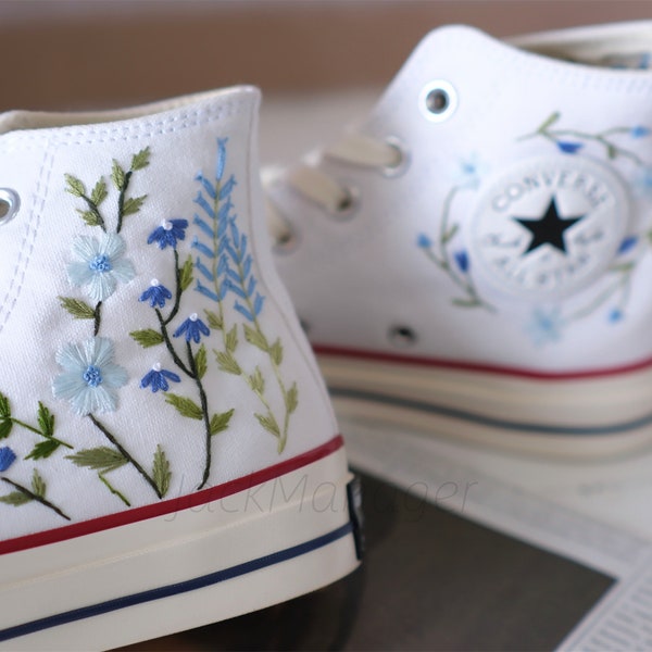 Converse Embroidered Shoes, Converse High Top Shoes,1970s Converse Chuck Taylor, Converse Customized blue flower embroidery wedding shoes