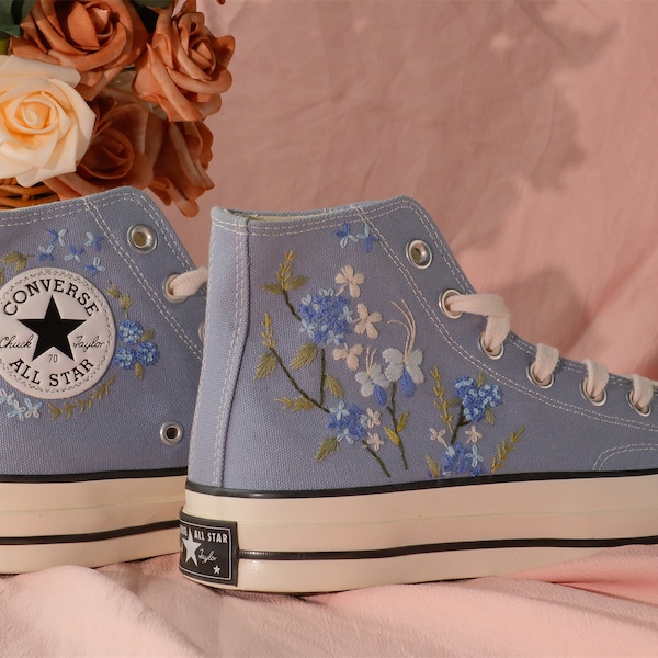 Converse Embroidered Shoes, Converse High Top Shoes,1970s Converse Chuck Taylor, Converse Customized hydrangea embroidery/wedding shoes