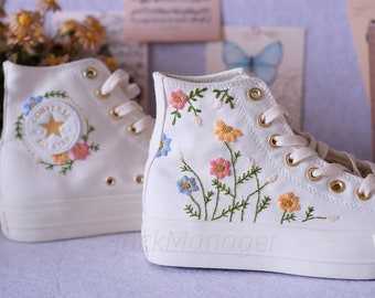 Converse Embroidered Shoes, Converse High Top Shoes,1970s Converse Chuck Taylor, Converse Customized Gold buckle platform shoes  flower
