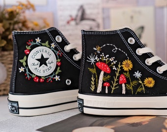 Converse Embroidered Shoes, Converse High Top Shoes,1970s Converse Chuck Taylor, Converse Customized Mushroom bee flower embroidery