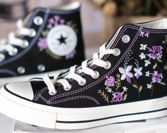 Converse Embroidered Shoes, Converse High Top Shoes,1970s Converse Chuck Taylor, Converse Customized Butterfly purple hydrangea embroidery