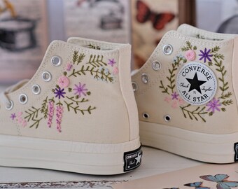 Converse geborduurde schoenen, Converse hoge schoenen, Converse Chuck Taylor uit de jaren 70, Converse Aangepaste druiventros borduurwerk