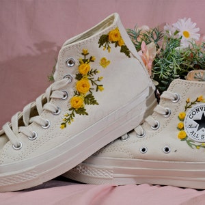 Converse Embroidered Shoes, Converse High Top Shoes,1970s Converse Chuck Taylor, Converse Customized Small Flower/ yellow rose embroidery image 2