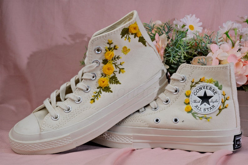 Converse Embroidered Shoes, Converse High Top Shoes,1970s Converse Chuck Taylor, Converse Customized Small Flower/ yellow rose embroidery image 2