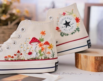 Converse Embroidered Shoes, Converse High Top Shoes,1970s Converse Chuck Taylor, Converse Customized red mushroom embroidery