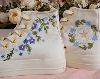 Embroidered converse/Bridal Converse/red rose embroidery/wedding Gifts/white flower embroidery platform shoes green grassland embroidery