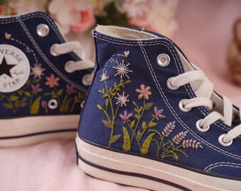 Converse Embroidered Shoes, Converse High Top Shoes,1970s Converse Chuck Taylor, Converse Customized bee flower embroidery wedding shoes