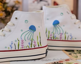 Converse Embroidered Shoes, Converse High Top Shoes,1970s Converse Chuck Taylor,  Ocean jellyfish embroidery Gifts for ocean lovers