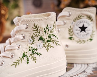 Converse Embroidered Shoes, Converse High Top Shoes,1970s Converse Chuck Taylor, Converse Customized light yellow flower