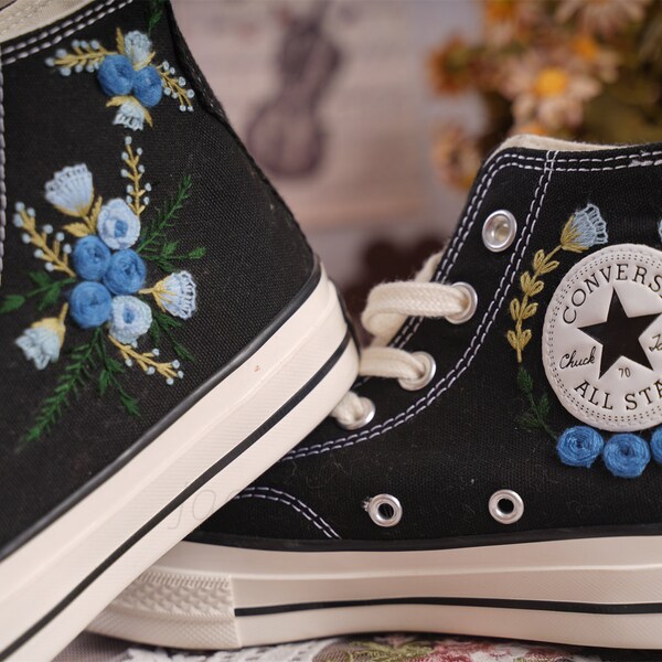 Converse Embroidered Shoes, Converse High Top Shoes,1970s Converse Chuck Taylor, Converse Customized blue flower embroidery wedding shoes