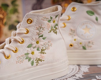 Converse Embroidered Shoes, Converse High Top Shoes,1970s Converse Chuck Taylor, Converse Customized Gold buckle platform shoes white flower