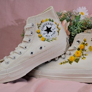 Converse Embroidered Shoes, Converse High Top Shoes,1970s Converse Chuck Taylor, Converse Customized Small Flower/ yellow rose embroidery image 3