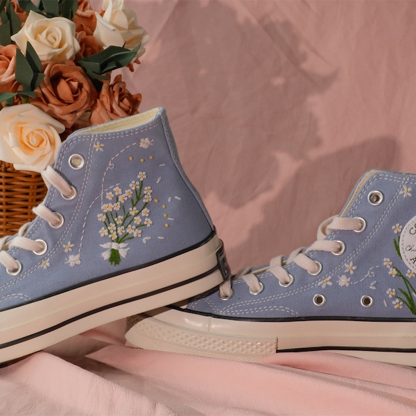 Converse Embroidered Shoes, Converse High Top Shoes,1970s Converse Chuck Taylor, Converse Customized Small flower butterfly embroidery