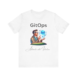 May include: White t-shirt with a black graphic of a person holding a blue cube with the text "GitOps" and "Automate with Intention" below the graphic.