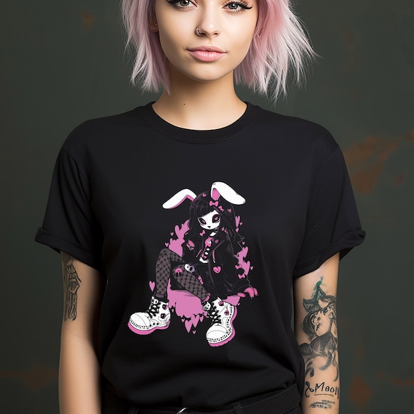 Pastel Goth Bunny Girl T-Shirt, Skull Shirt, Pastel Goth Tshirt, Pastel Goth Fashion, Goth girl tee, Neon tshirt, Street fashion