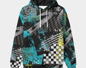 Retro grunge geruite hoodie – blauwgroen gele sweater met graffitiprint, jaren 90 streetwear-stijl, all-over grafische unisex hoodie