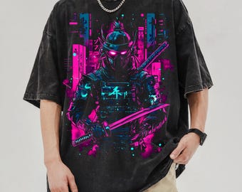 Cyberpunk Samurai T-Shirt, Neon Ninja Streetwear Tee, Vaporwave Aesthetic Shirt, Techwear Oversized Graphic Tee, Futuristic Warrior Shirt