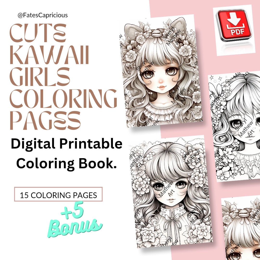 DIGITAL DOWNLOAD Kawaii Girls Coloring Pages for Adults and - Etsy