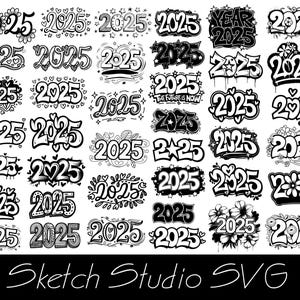 May include: A collection of 25 different black and white hand-drawn designs of the year 2025. The designs include hearts, stars, flowers, and other decorative elements.