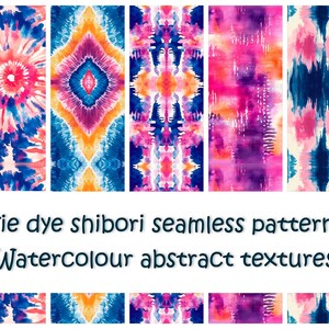 May include: A set of six seamless tie dye shibori patterns in watercolor. The patterns feature a variety of colors, including pink, blue, yellow, and orange. The patterns are abstract and organic, and they would be perfect for use in a variety of design projects.