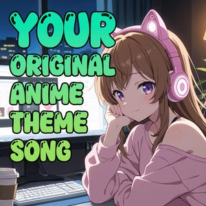 May include: An anime-style illustration shows a person with brown hair and purple eyes wearing pink headphones. The text "YOUR ORIGINAL ANIME THEME SONG" is in large, green bubble letters. A coffee cup and computer are also visible in the image.