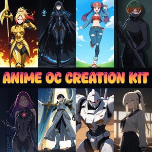 Puede incluir: Una colección de ilustraciones de personajes de estilo anime. La imagen presenta varios personajes con diferentes atuendos y poses, incluyendo un guerrero, una figura con capa, una chica con gorro rojo y un personaje con un arma. Se muestra el texto "ANIME OC CREATION KIT".