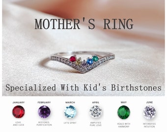 Mother's Ring, Specialized With Kid's Birthstones, Personalized 1-5 Birthstones Chevron Pave Ring, Gift For Her, Gift For Mom, Custom Ring