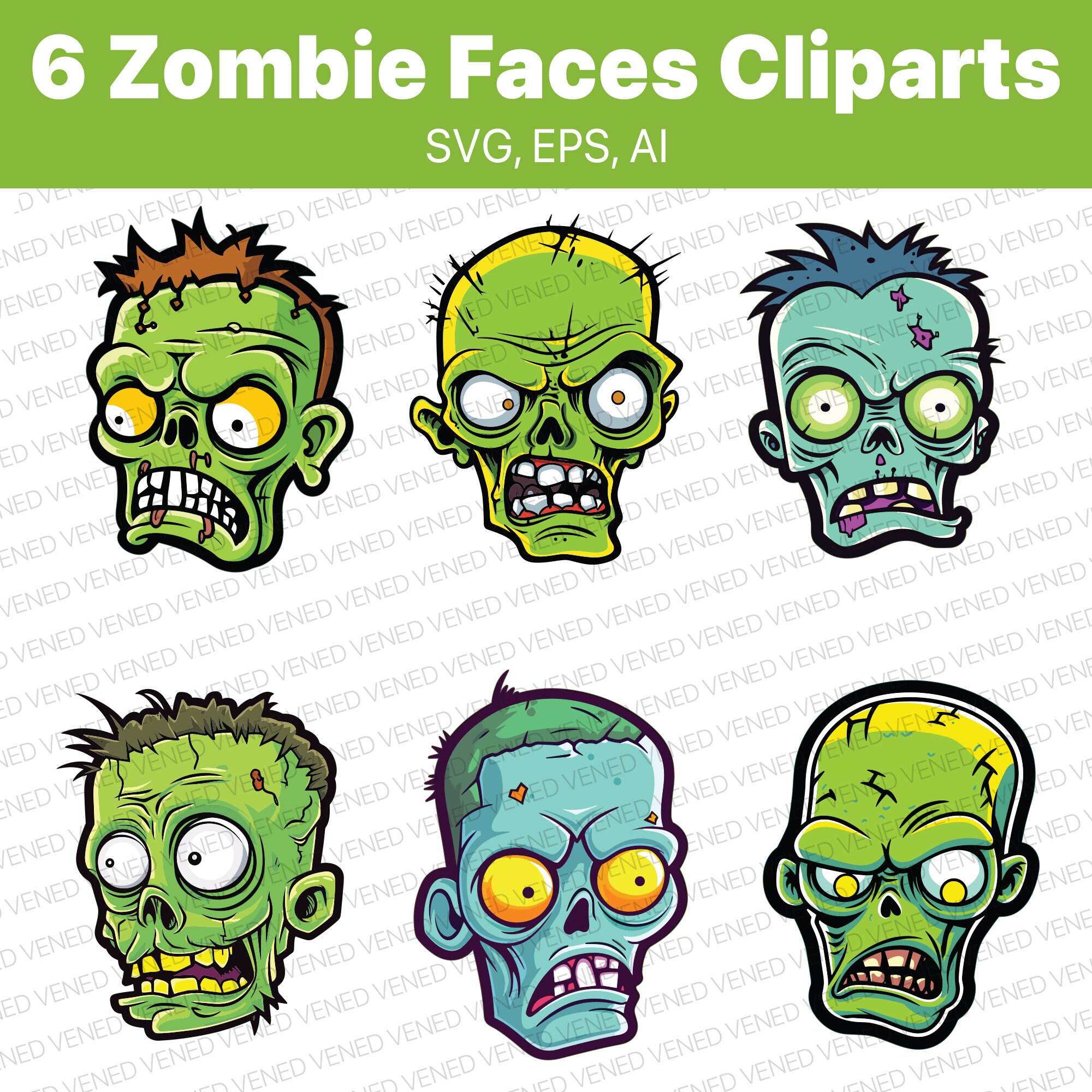 Zombie Faces Clipart Vector SVG EPS AI Zombie Spooky Etsy