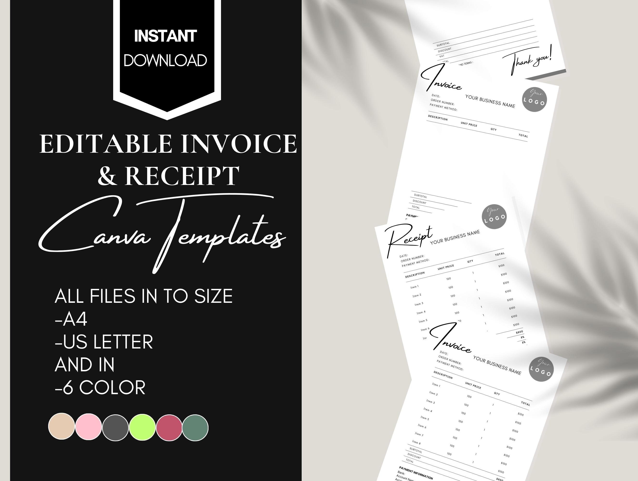 Editable invoice template for small business receipt canva template