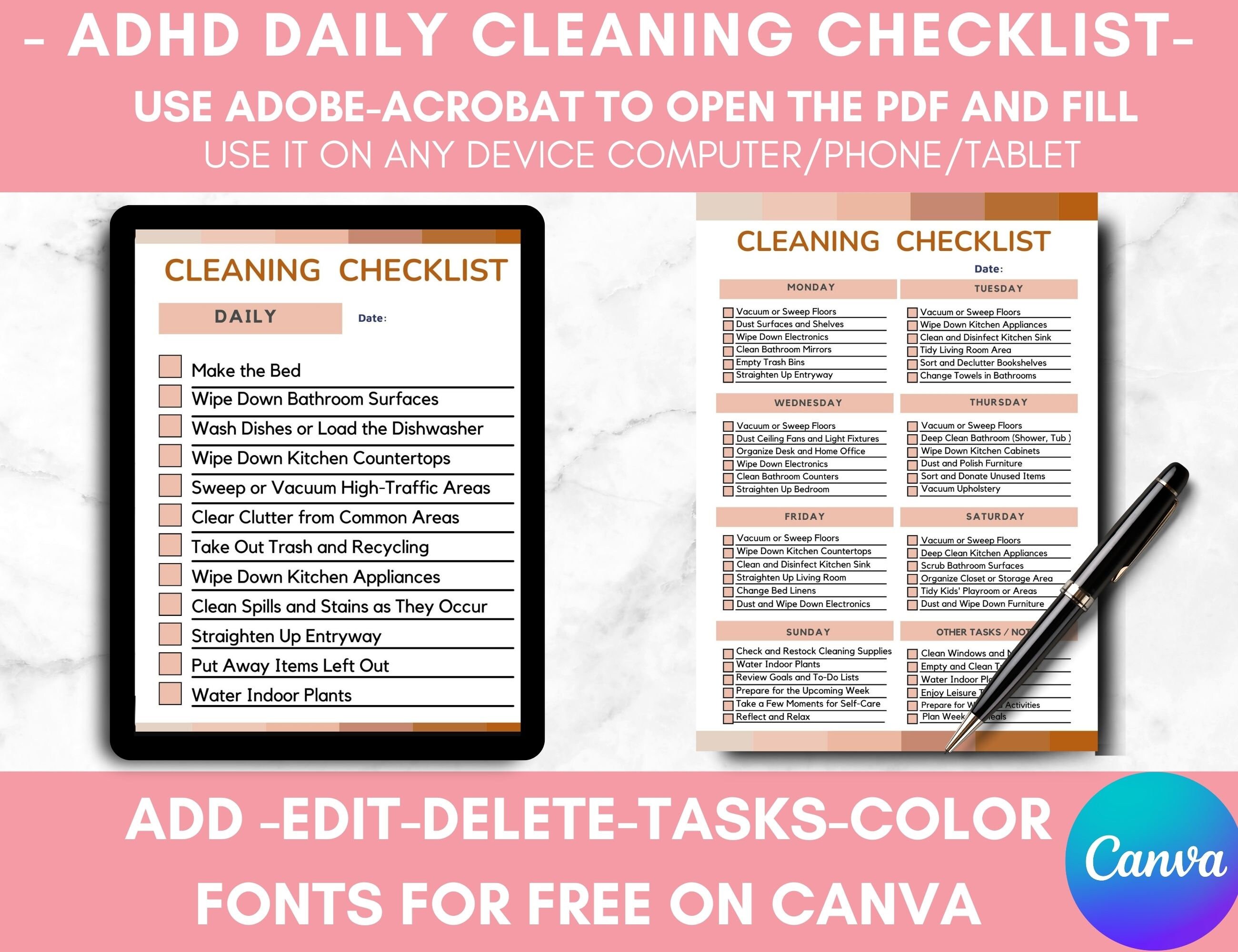 ADHD Cleaning Checklist Printable Cleaning Schedule Template,gift for ...