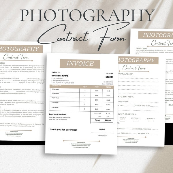 Professional Photography Contract Agreement and Invoice canva Template,Photographer Forms for Wedding Family Newborn,Client Agreement,