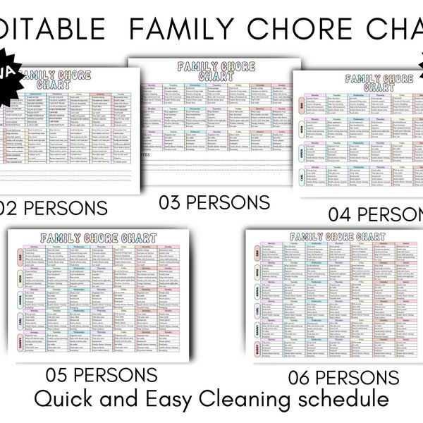 editable pastel Weekly Family Chore Chart, Canva Template,printable Adult and Kids Chore Chart for 2-6 Family Members