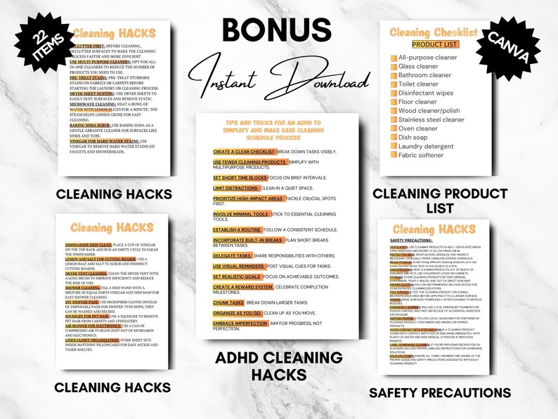 Editable Speed ADHD Cleaning Checklist,daily Cleaning Routine Room by Room Organization,45