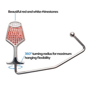 May include: Silver-toned wine glass shaped hook with red and white rhinestones. The hook has a 360 degree turning radius for maximum hanging flexibility.